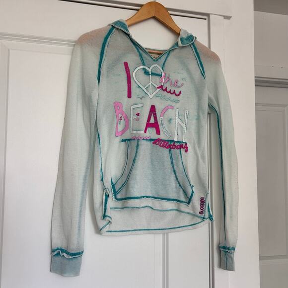 Billabong Pullover Graphic Hoodie Sweatshirt Women's Large Blue Pink Heart Y2K - Picture 1 of 10